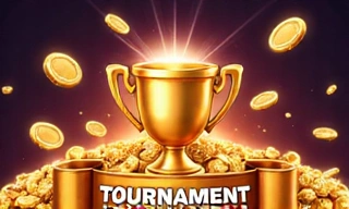 Illustration of a trophy and a banner with 'Tournament' written, surrounded by coins