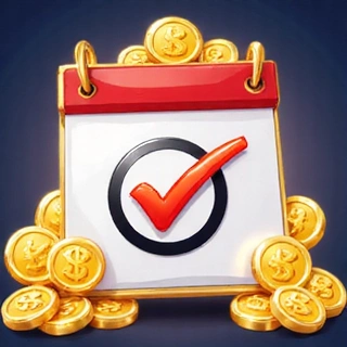 Illustration of a calendar with a checkmark and shiny coins