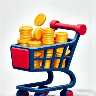 Illustration of a shopping cart filled with virtual coins and chips