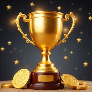 Illustration of a trophy with shining stars and coins
