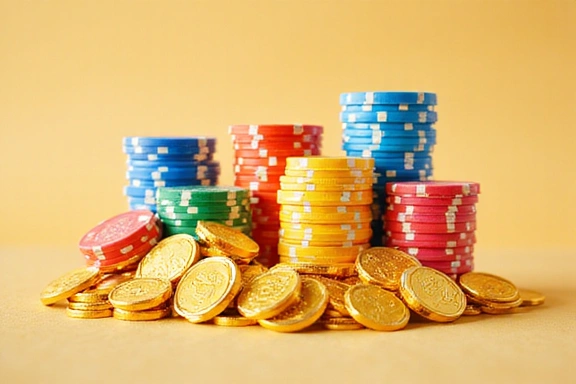 Stylized illustration of various virtual coins and casino chips